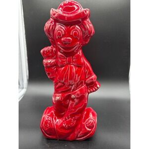 Vintage Red Ceramic Clown Figurine Sitting on Base Whimsical Decor